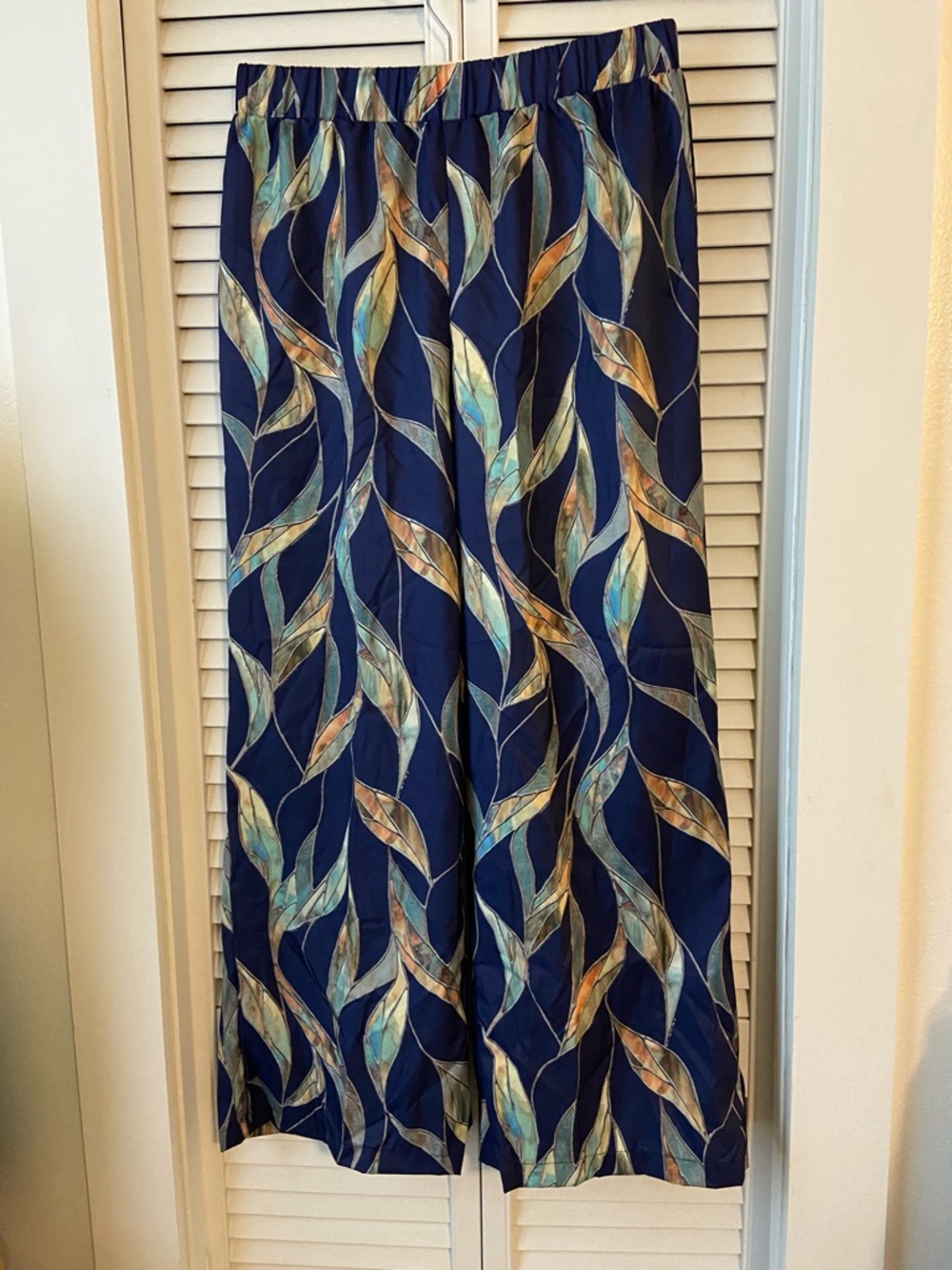 Women’s Navy Wide-Leg Palm-Print Pull-On Pants